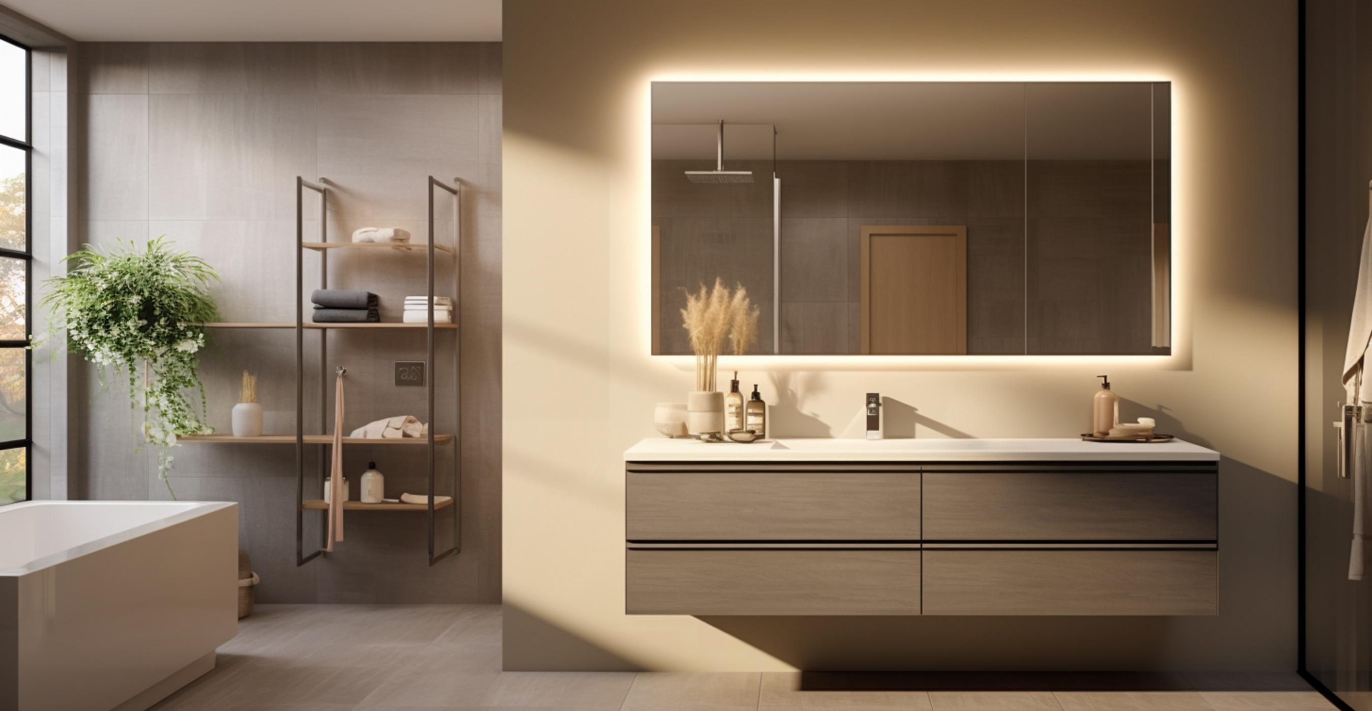 Элегантная душевая зона с серой подвесной тумбой