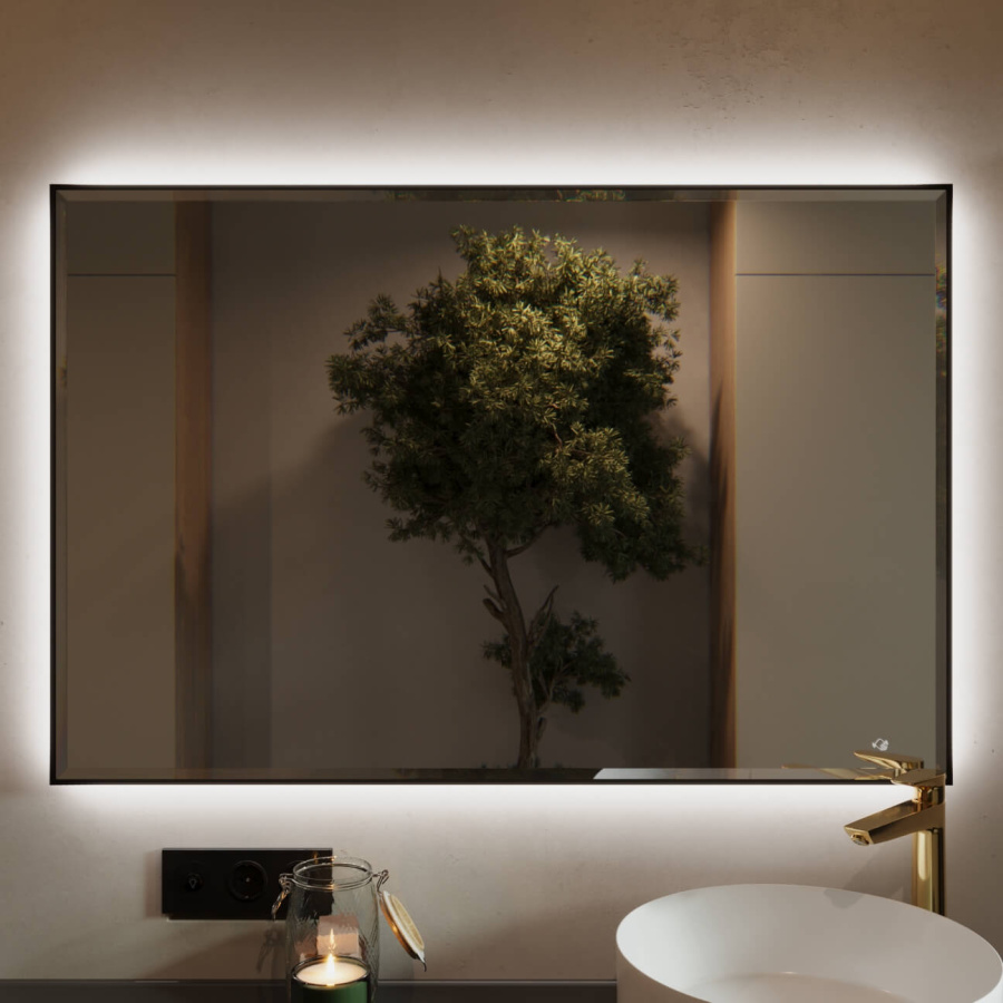 Зеркало с подсветкой и подогревом FRESCO 800x600 в черном профиле с часами