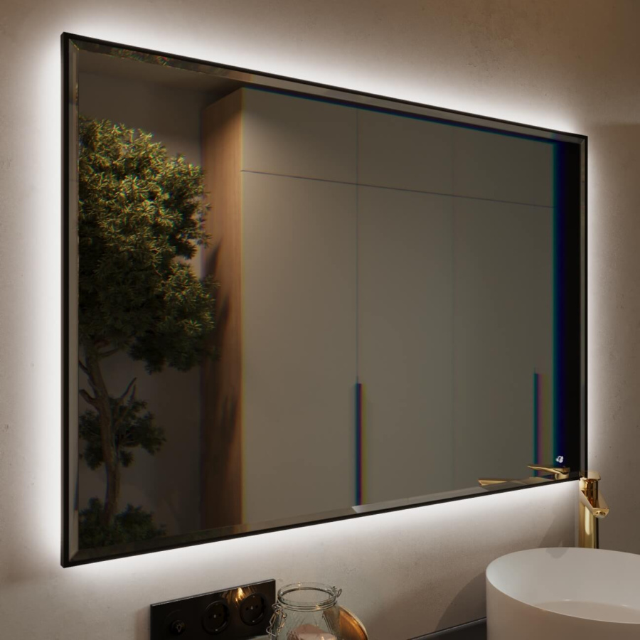 Зеркало с подсветкой и подогревом FRESCO 800x600 в черном профиле с часами